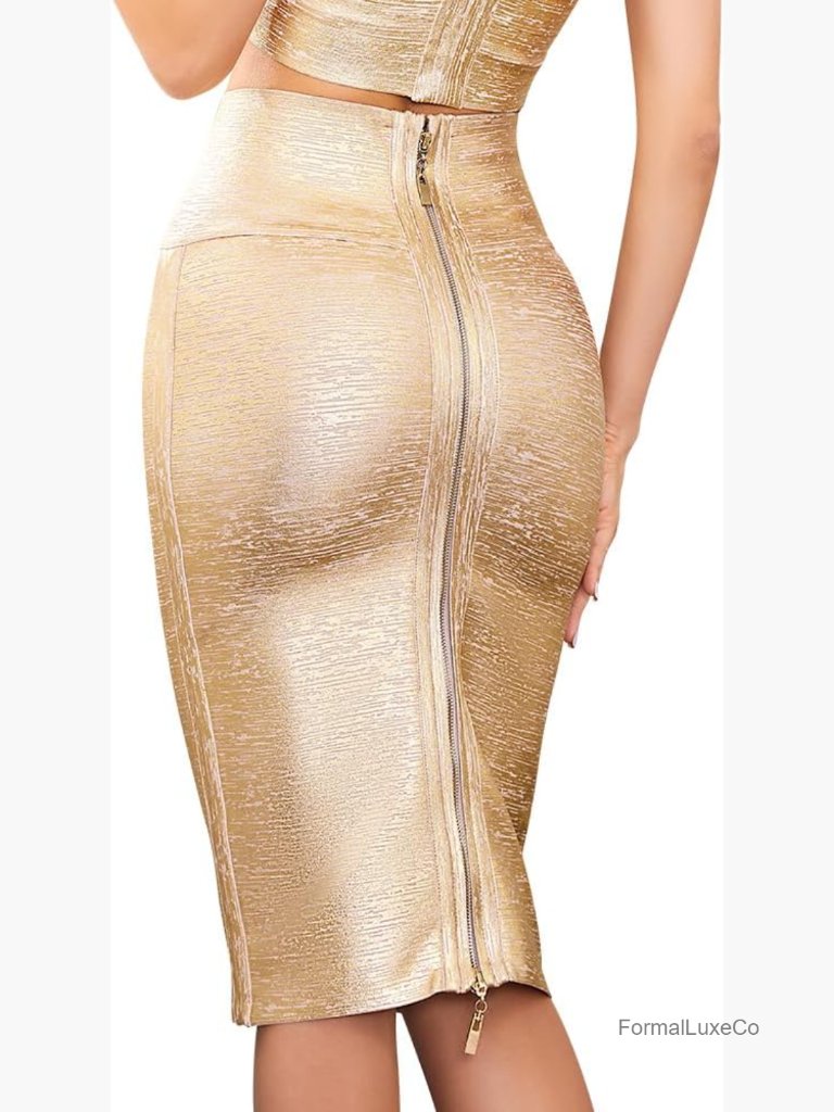 Midi Bandage Skirt High Waist Pencil Office Skirt Faux Leather Zip